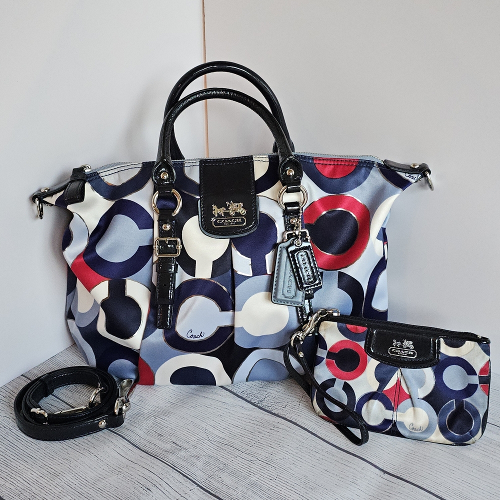 Coach EUC Madison Metallic Graphic Op Art Juliette 2/Way Satchel & Wristlet